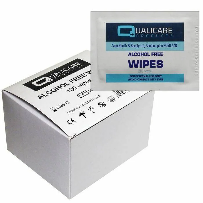 Qualicare 100% Alcohol Free Disinfecting Wipes photographed against a plain background.