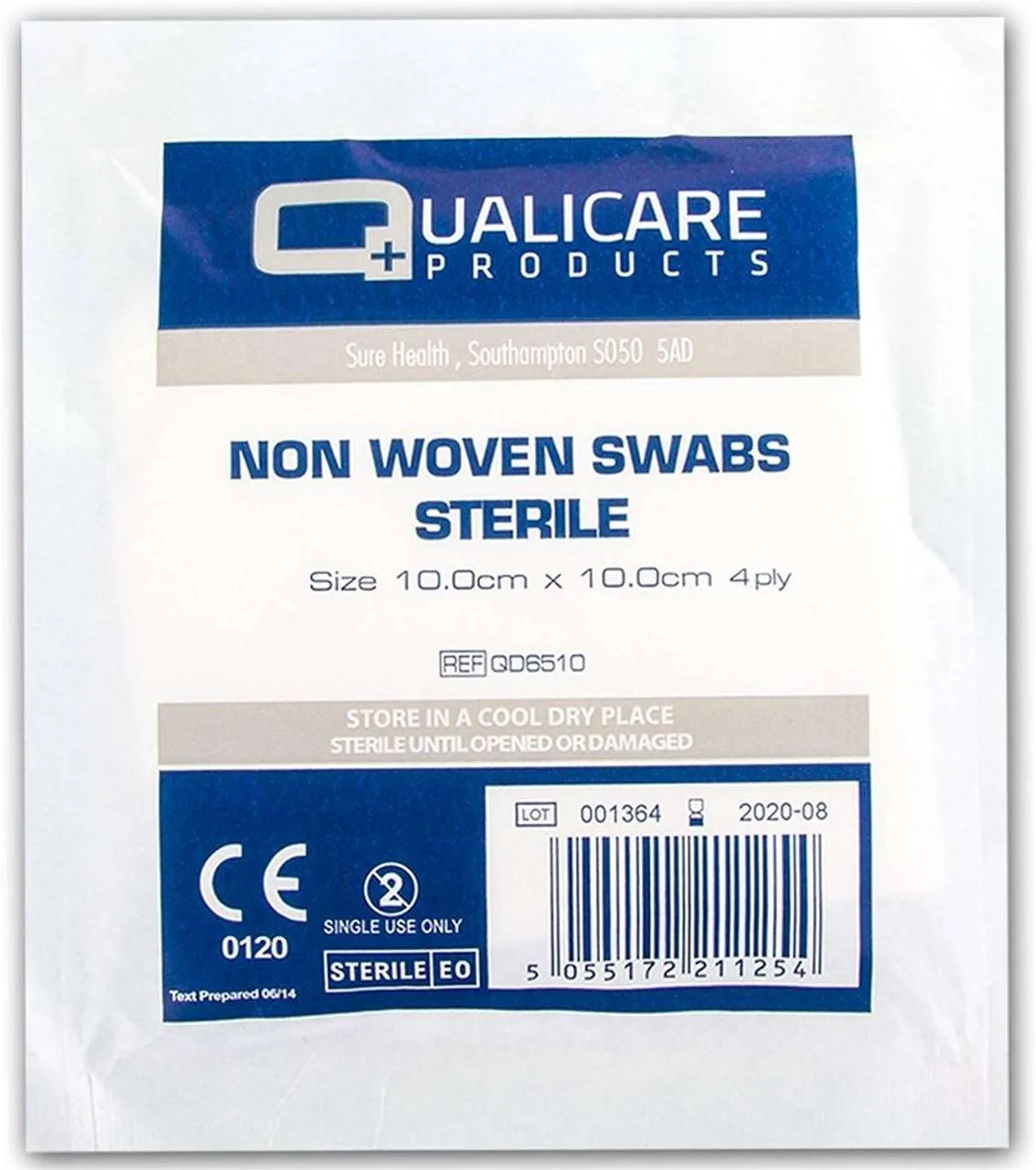 Qualicare 10cm x 10 cm 4 ply Non Woven Sterile Swabs 5 Pcs photographed against a plain background.