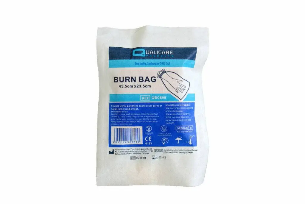 Qualicare Burn Bag - Sterile Bag to Cover Burns to Hands or Feet photographed against a plain background.