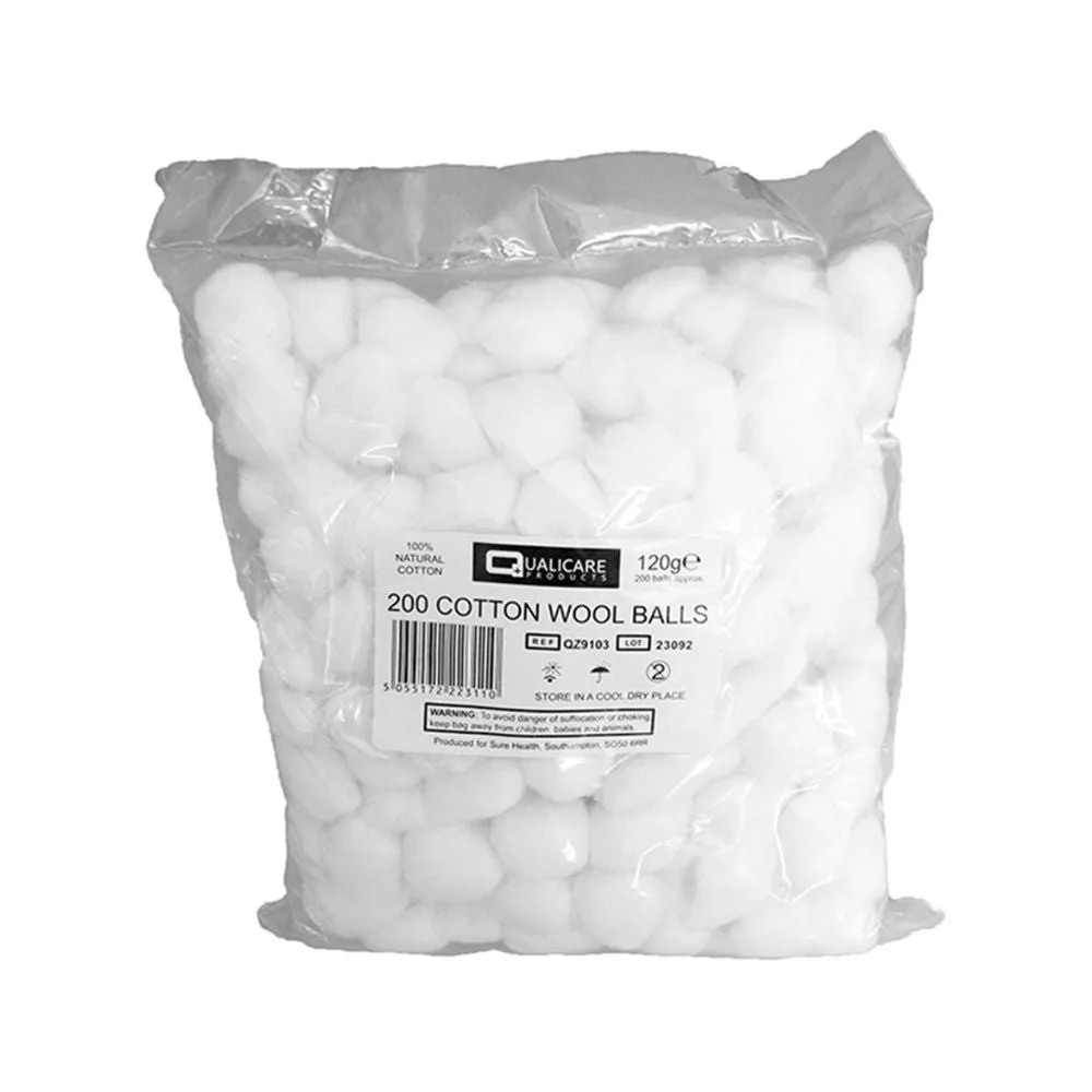 Qualicare Cotton wool balls pack of 200 photographed against a plain background.