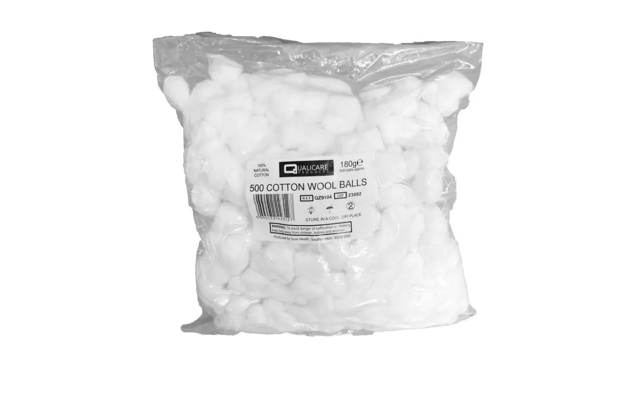 Qualicare Cotton Wool Balls Pack of 500 photographed against a plain background.