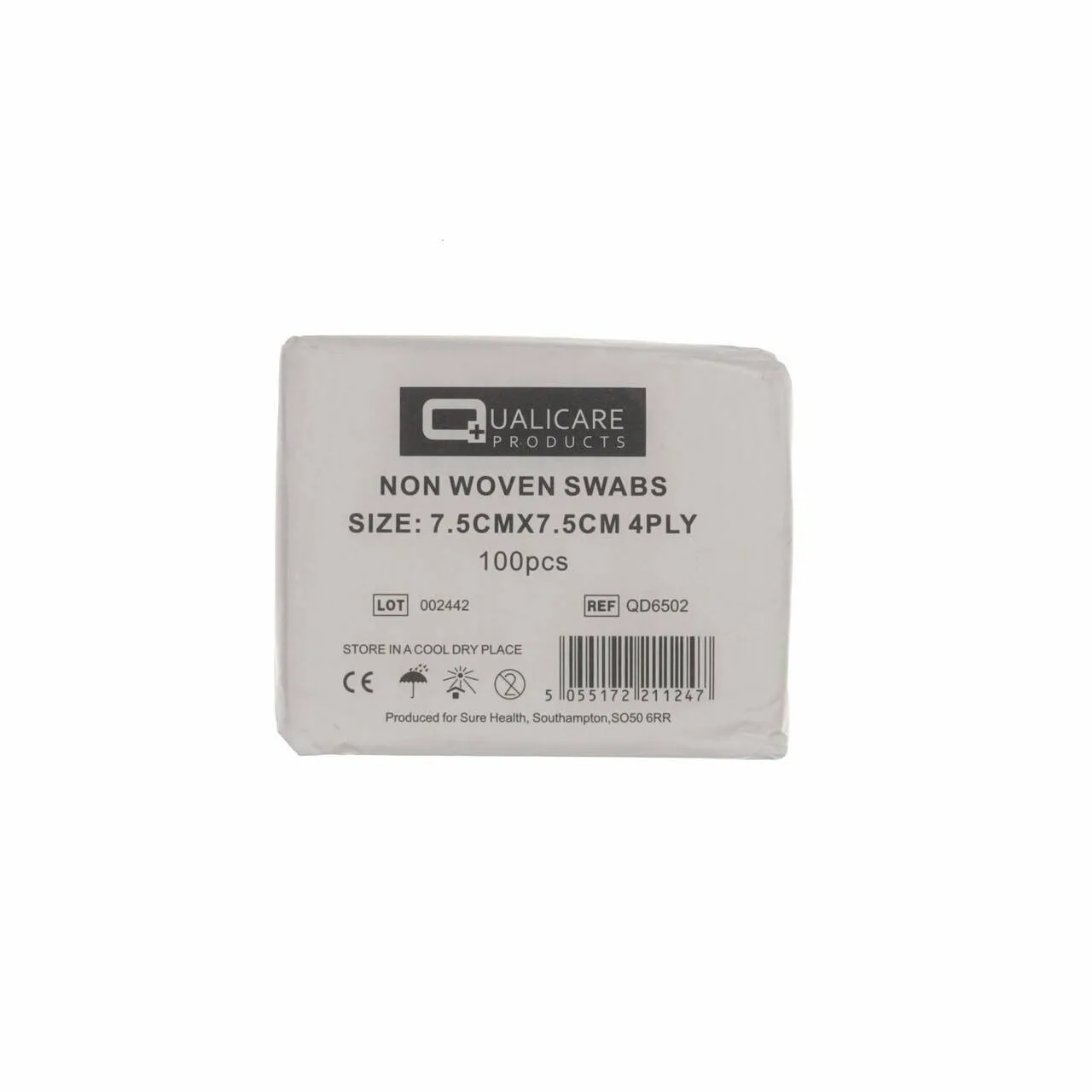 Qualicare Gauze Swabs: 7.5cm x 7.5cm 4 Ply x 100 photographed against a plain background.