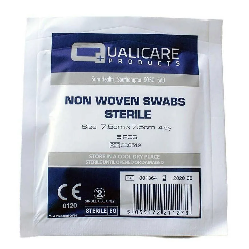 Qualicare Sterile 7.5cm Non Woven Gauze Swabs photographed against a plain background.