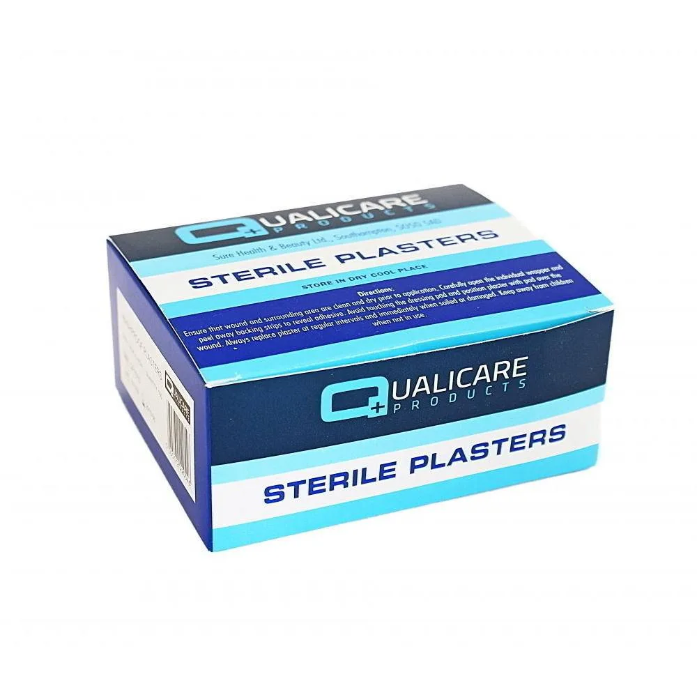 Qualicare Sterile Fabric Plasters Assorted Sizes x 100 photographed against a plain background.