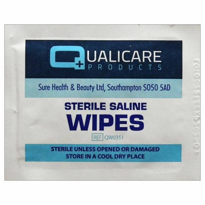 Qualicare Sterile Saline Wipes photographed against a plain background.