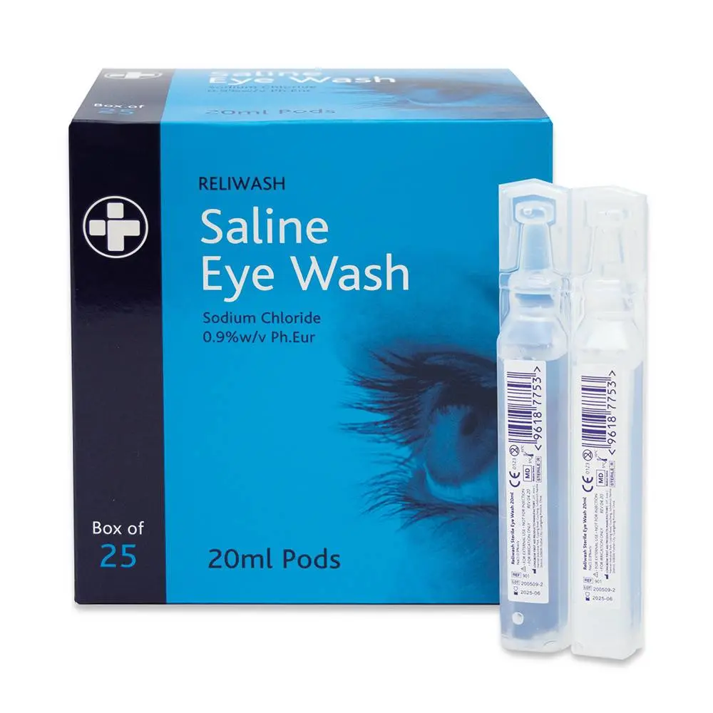 Reliance Medical Reliwash Saline Eye Wash 20ml photographed against a plain background.