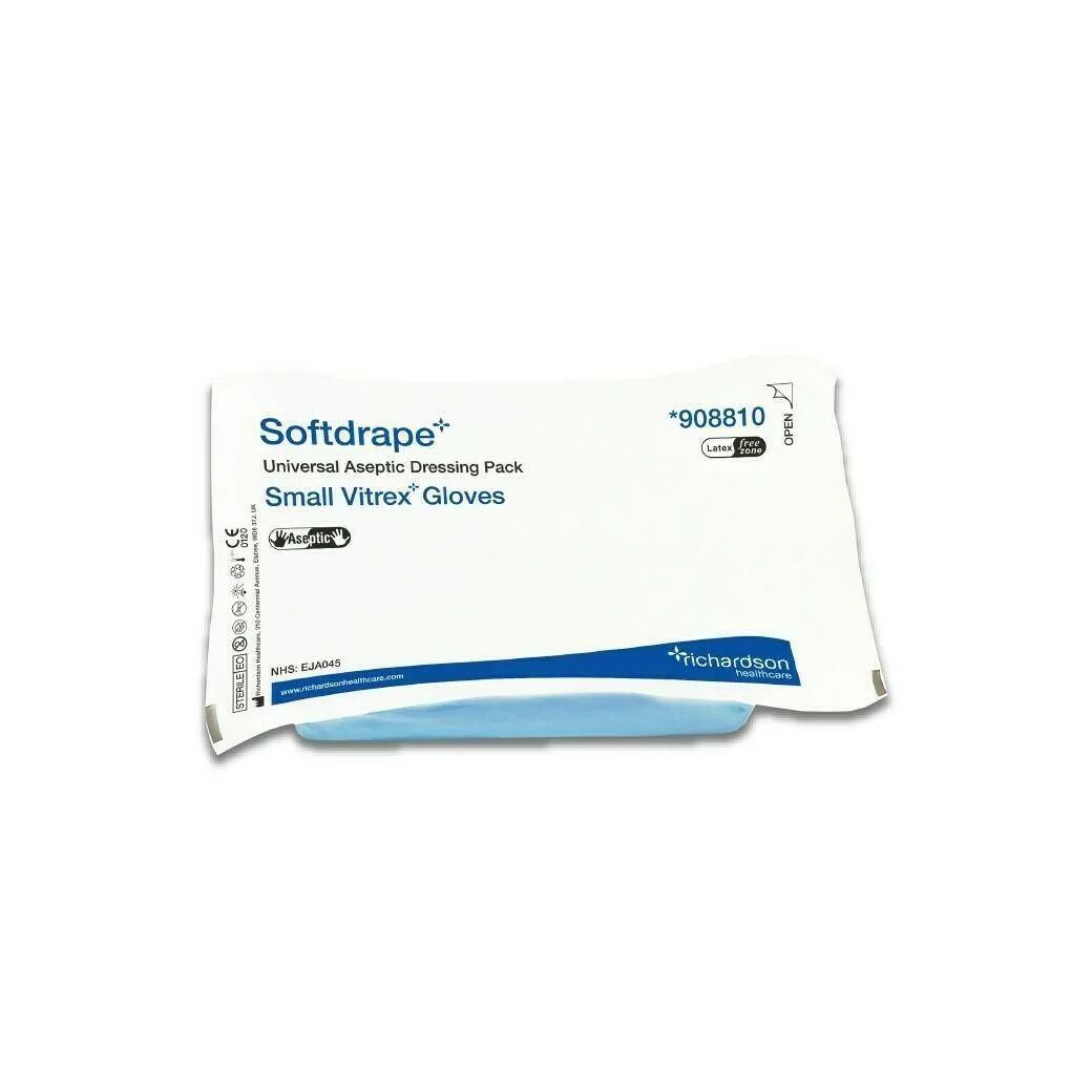 Richardson Healthcare Softdrape Dressing Pack Latex Free Medium Glove Single photographed against a plain background.