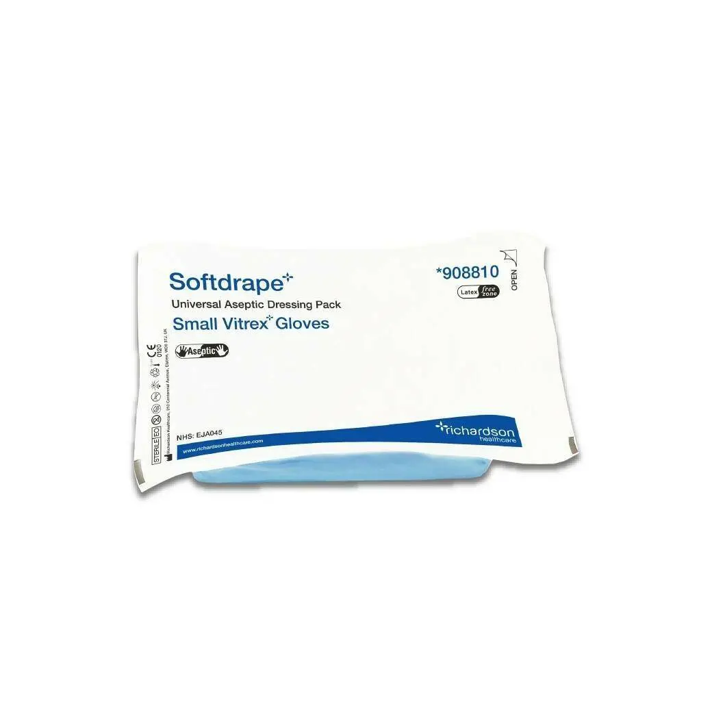 Richardson Healthcare Softdrape Dressing Pack Latex Free Small Glove Single photographed against a plain background.