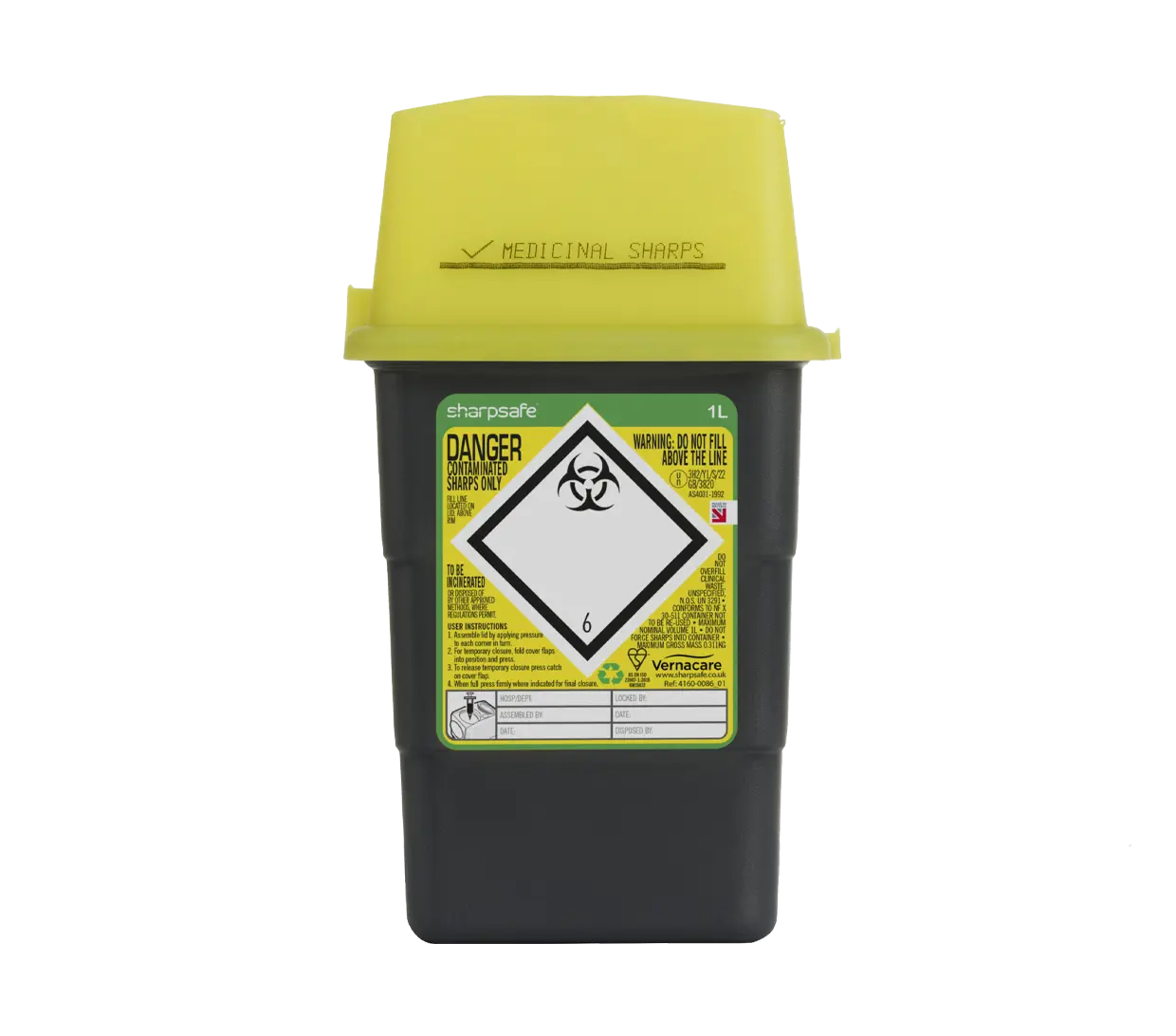 Sharpsguard 1 Litre Sharpsafe Grey Sharps Bin Yellow Lid photographed against a plain background.