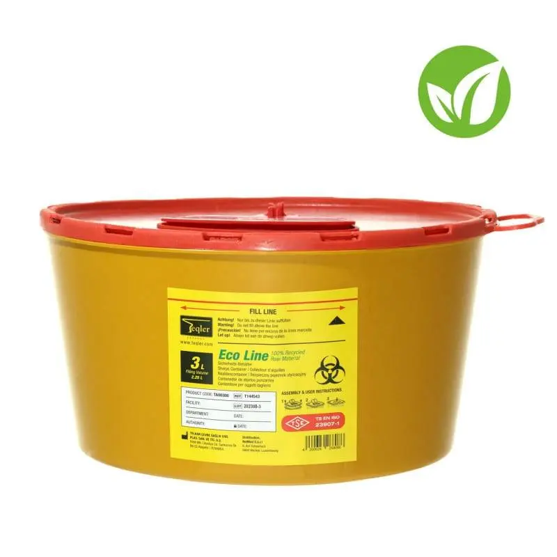 Teqler 3 Litre Eco Line Sharps Bin photographed against a plain background.