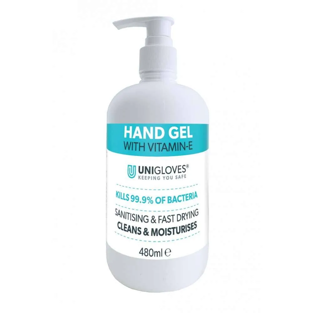 Unigloves Hand Gel with Vitamin-E 480ml photographed against a plain background.