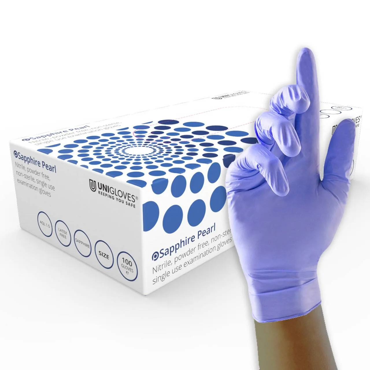 Unigloves Nitrile Examination Gloves photographed against a plain background.