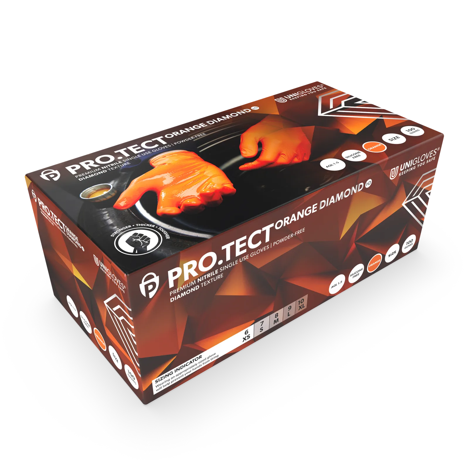 Unigloves Orange Nitrile Examination Gloves photographed against a plain background.