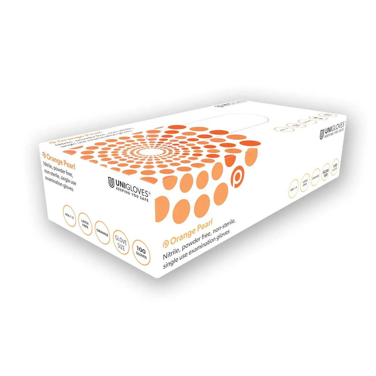 Unigloves Orange Nitrile Examination Gloves photographed against a plain background.