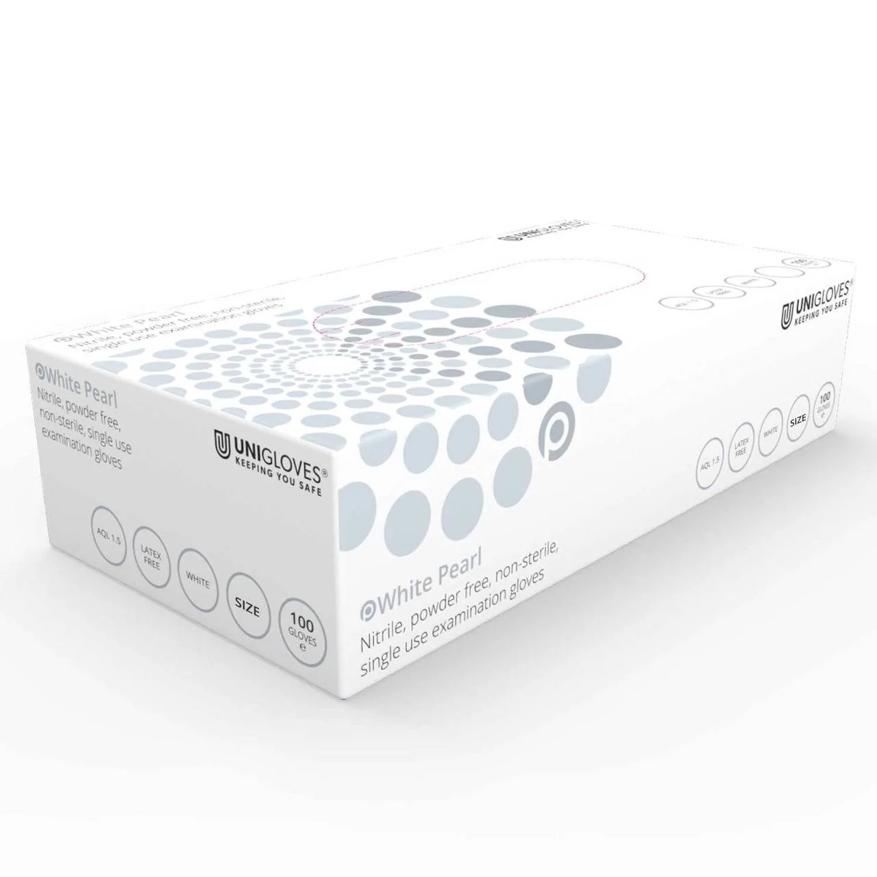 Unigloves White Nitrile Examination Gloves photographed against a plain background.