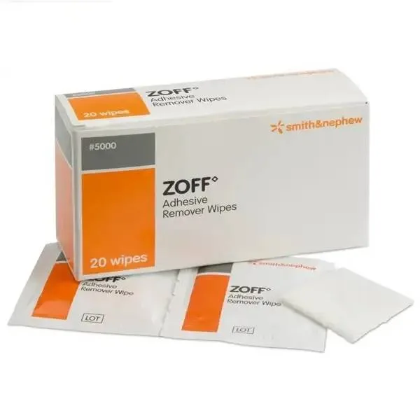 Zoff Adhesive Remover Wipes Pack of 20 photographed against a plain background.